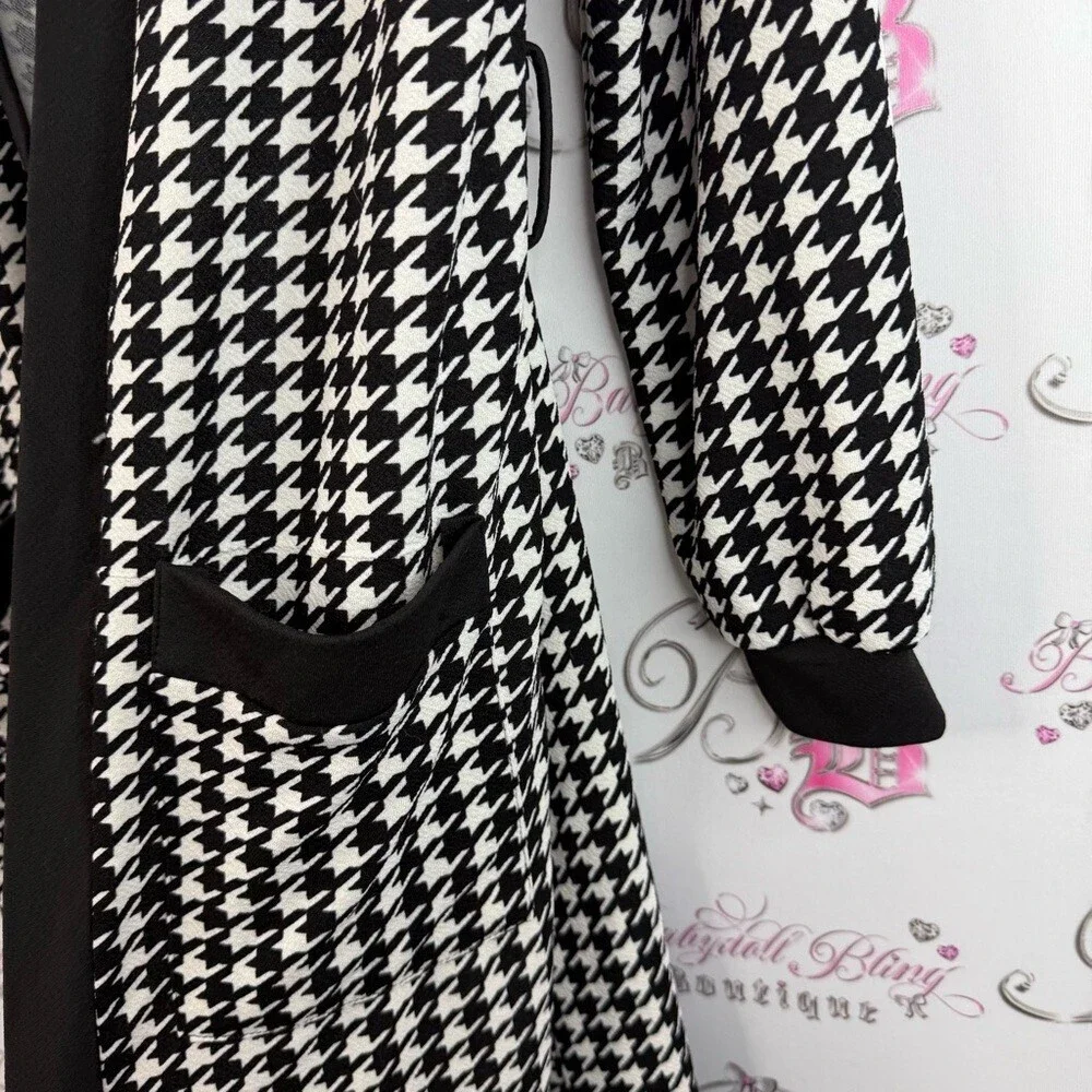 Cardigan long style color block Black and White Houndstooth Long Cardigan